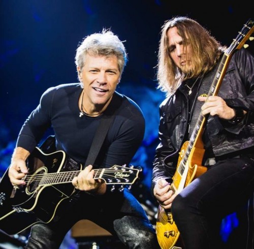 Jon Bon Jovi of American rock band Bon Jovi, front, performs during their concert in Macao, China, 25 September 2015.