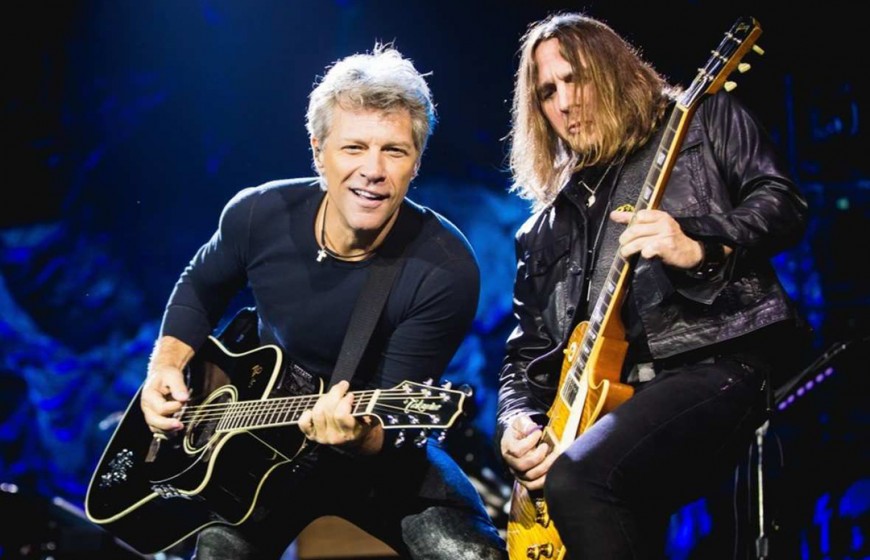 Jon Bon Jovi of American rock band Bon Jovi, front, performs during their concert in Macao, China, 25 September 2015.
